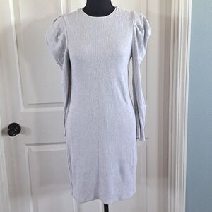 Express Puff Long Sleeve Ribbed Stretchy Mini Bodycon Gray Soft Sweater Dress